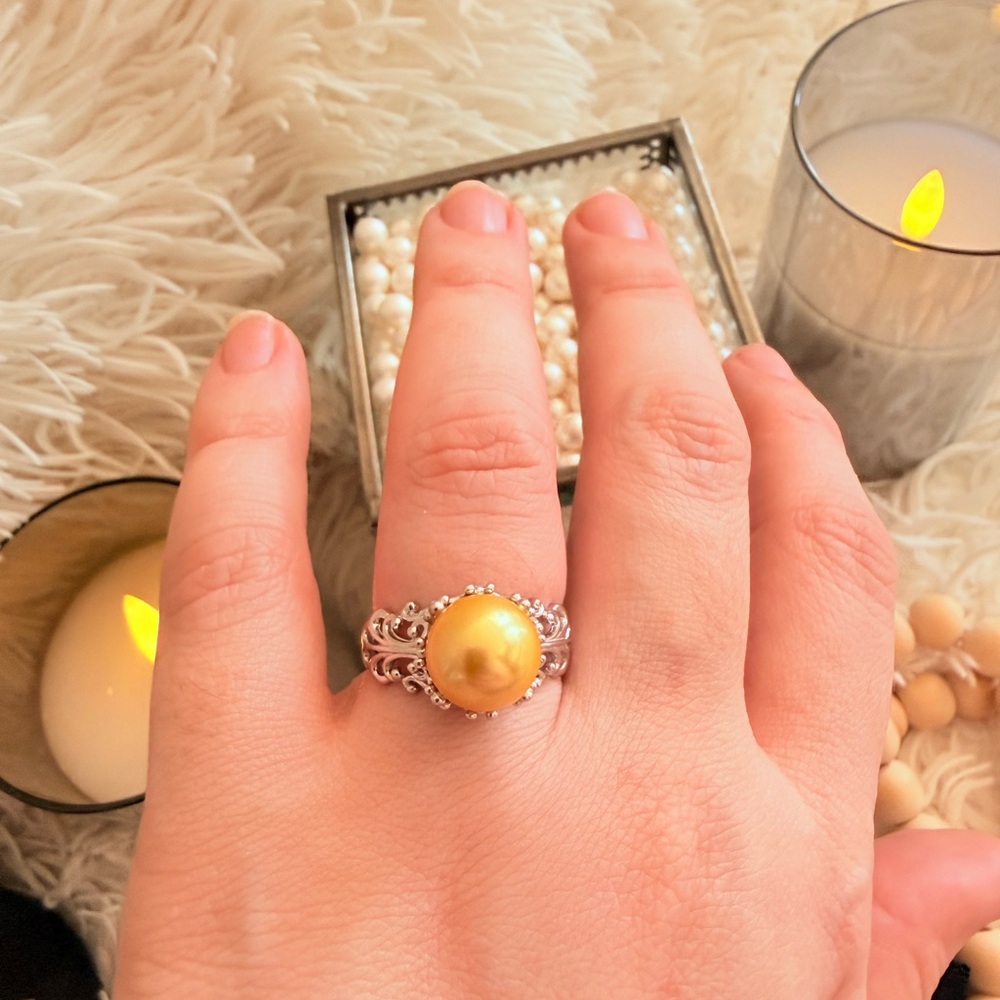 Elegant 12mm Gold South Sea Pearl in Silver Ring